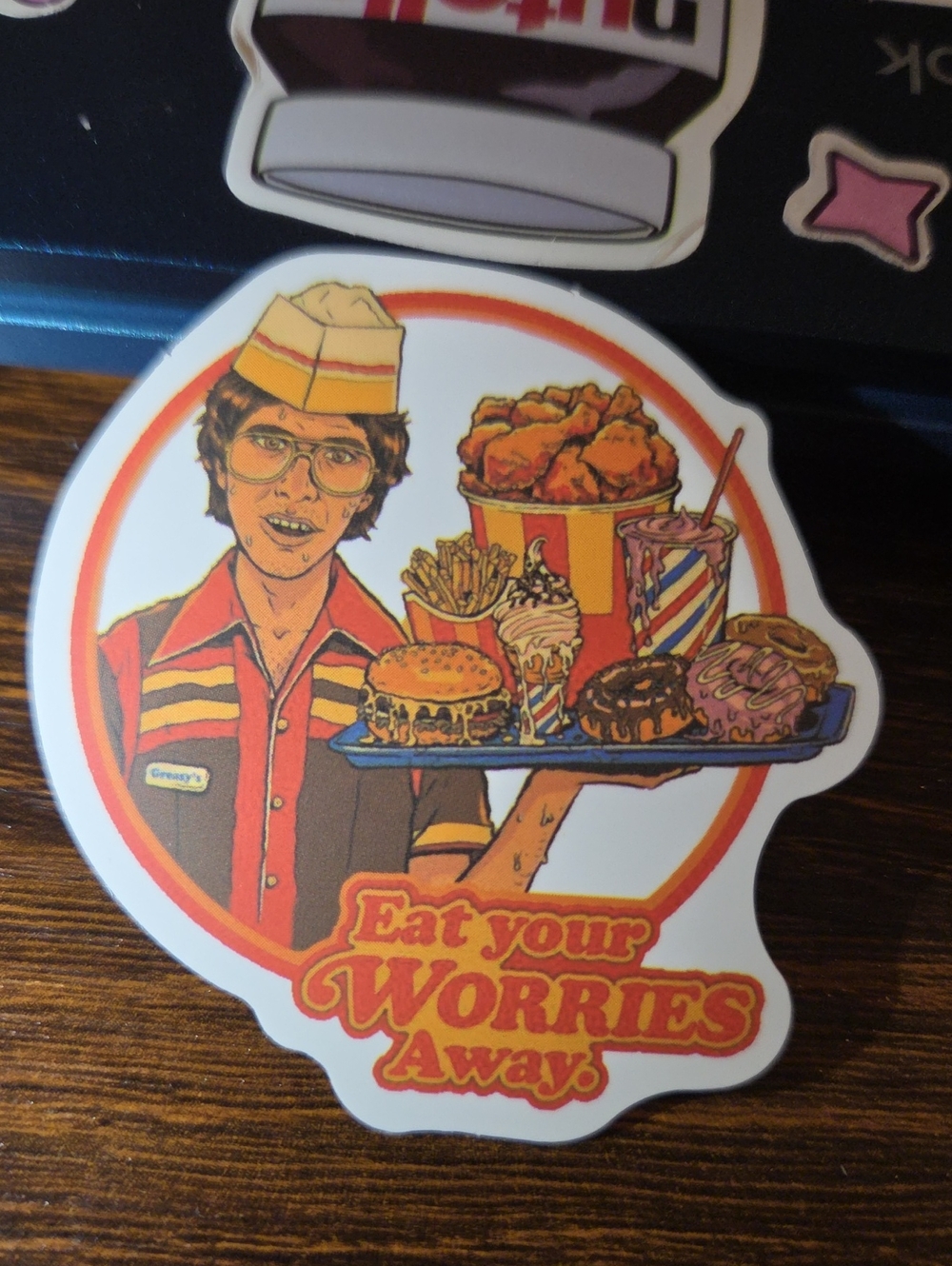 Retro Eat Your Worries Away Sticker - Orange/Red